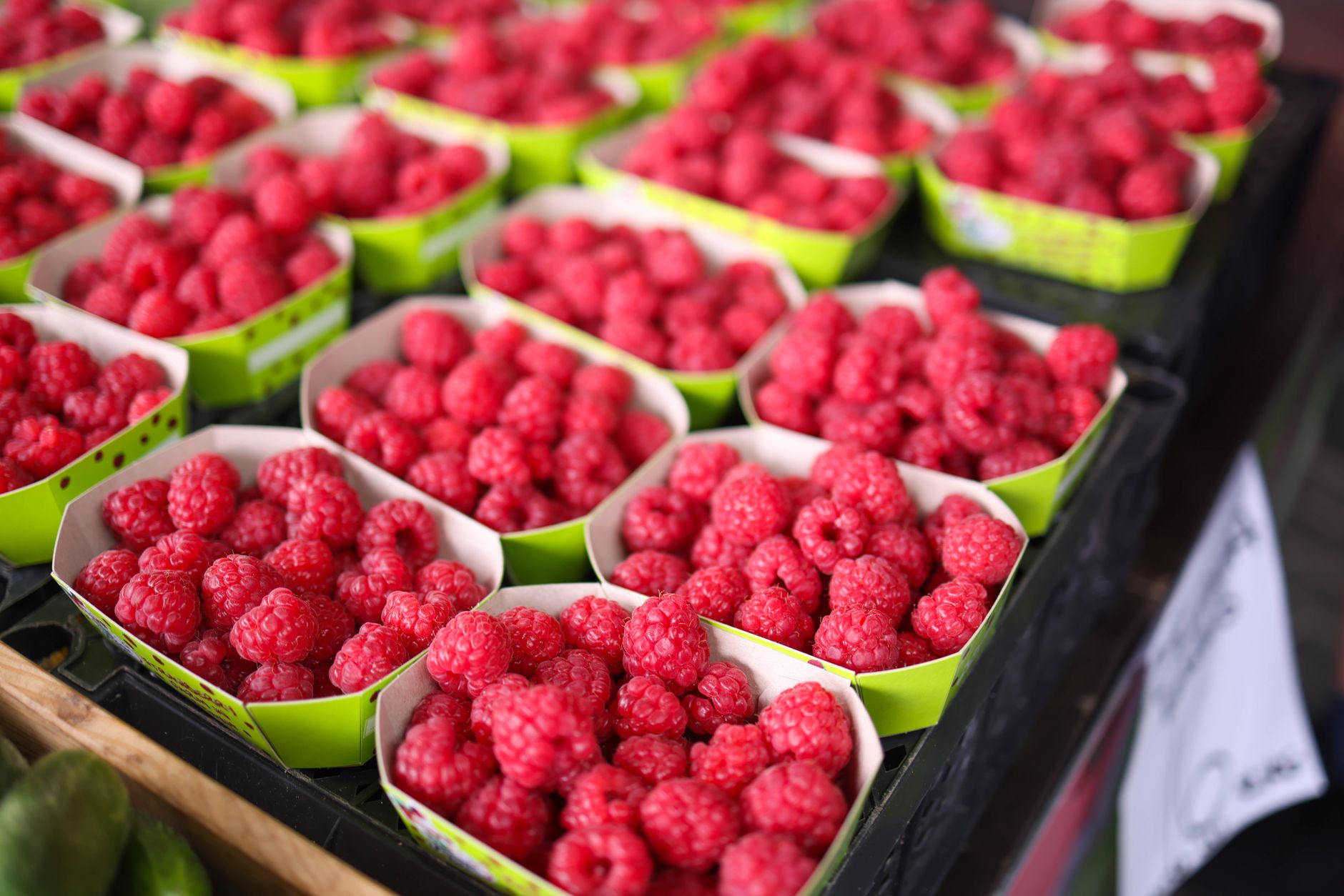 close up of containers with raspberries